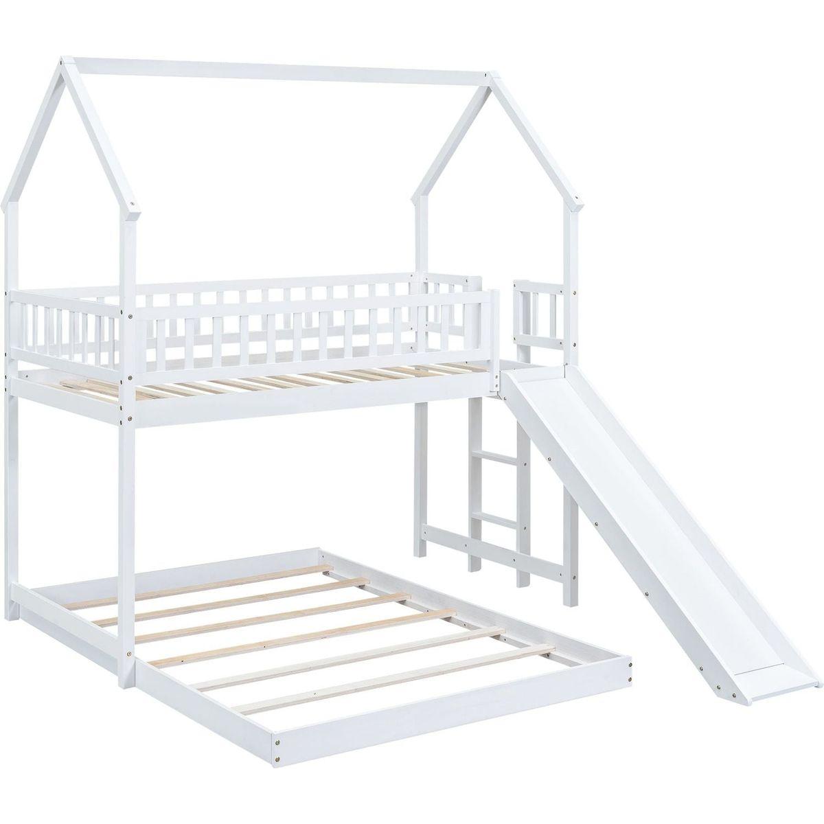 Twin over Full House Bunk Bed with Slide and Built-in Ladder, Full-Length Guardrail, White