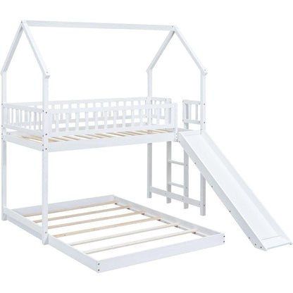 Twin over Full House Bunk Bed with Slide and Built-in Ladder, Full-Length Guardrail, White