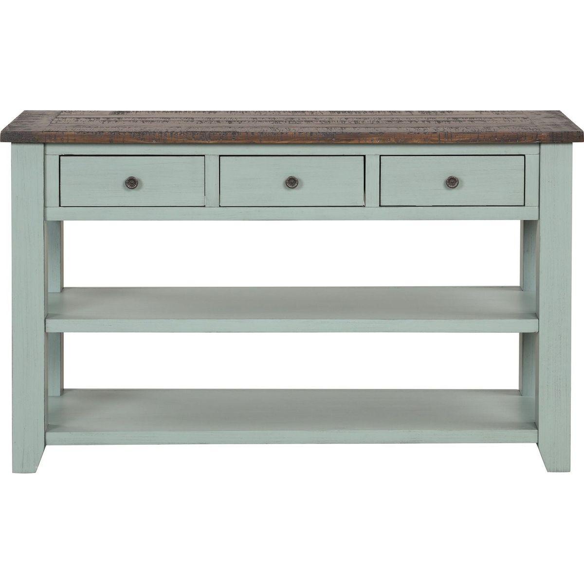 48" Solid Pine Wood Top Console Table, Modern Entryway Sofa Side Table with 3 Storage Drawers and 2 Shelves. Easy to Assemble (Green+ Brown Top)