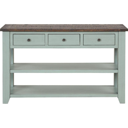 48" Solid Pine Wood Top Console Table, Modern Entryway Sofa Side Table with 3 Storage Drawers and 2 Shelves. Easy to Assemble (Green+ Brown Top)