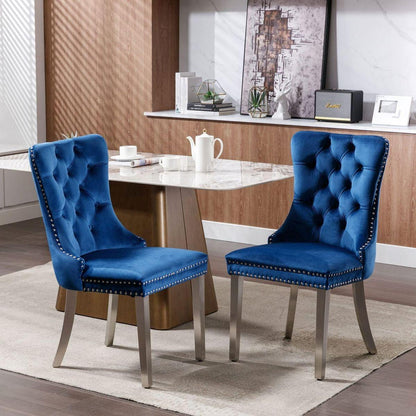 Nikki Collection Modern, High-end Tufted Solid Wood Contemporary Velvet Upholstered Dining Chair with Chrome Stainless Steel Plating Legs, Nailhead Trim, Set of 2, Blue and Chrome