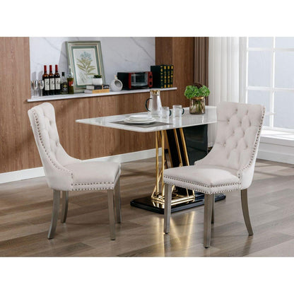 Nikki Collection Modern, High-end Tufted Solid Wood Contemporary Velvet Upholstered Dining Chair with Chrome Stainless Steel Plating Legs, Nailhead Trim, Set of 2eige and Chrome