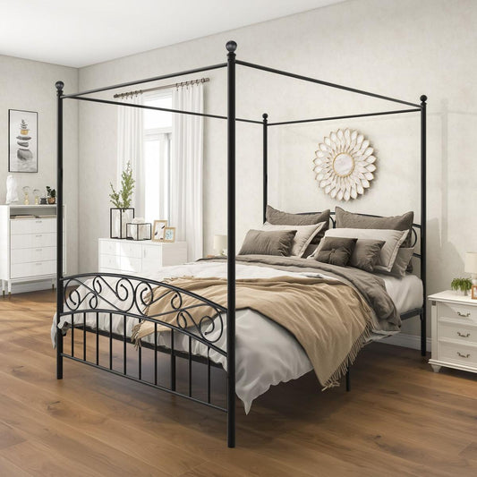 Queen Size Metal Canopy Bed Frame with Headboard and Footboard Black - Streamdale Furniture