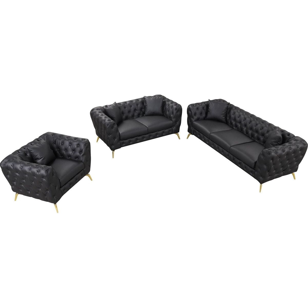 Modern 3-Piece Sofa Sets with Sturdy Metal Legs, Button Tufted Back, PU Upholstered Couches Sets Including Three Seat Sofa, Loveseat and Single Chair for Living Room Furniture Set, Black