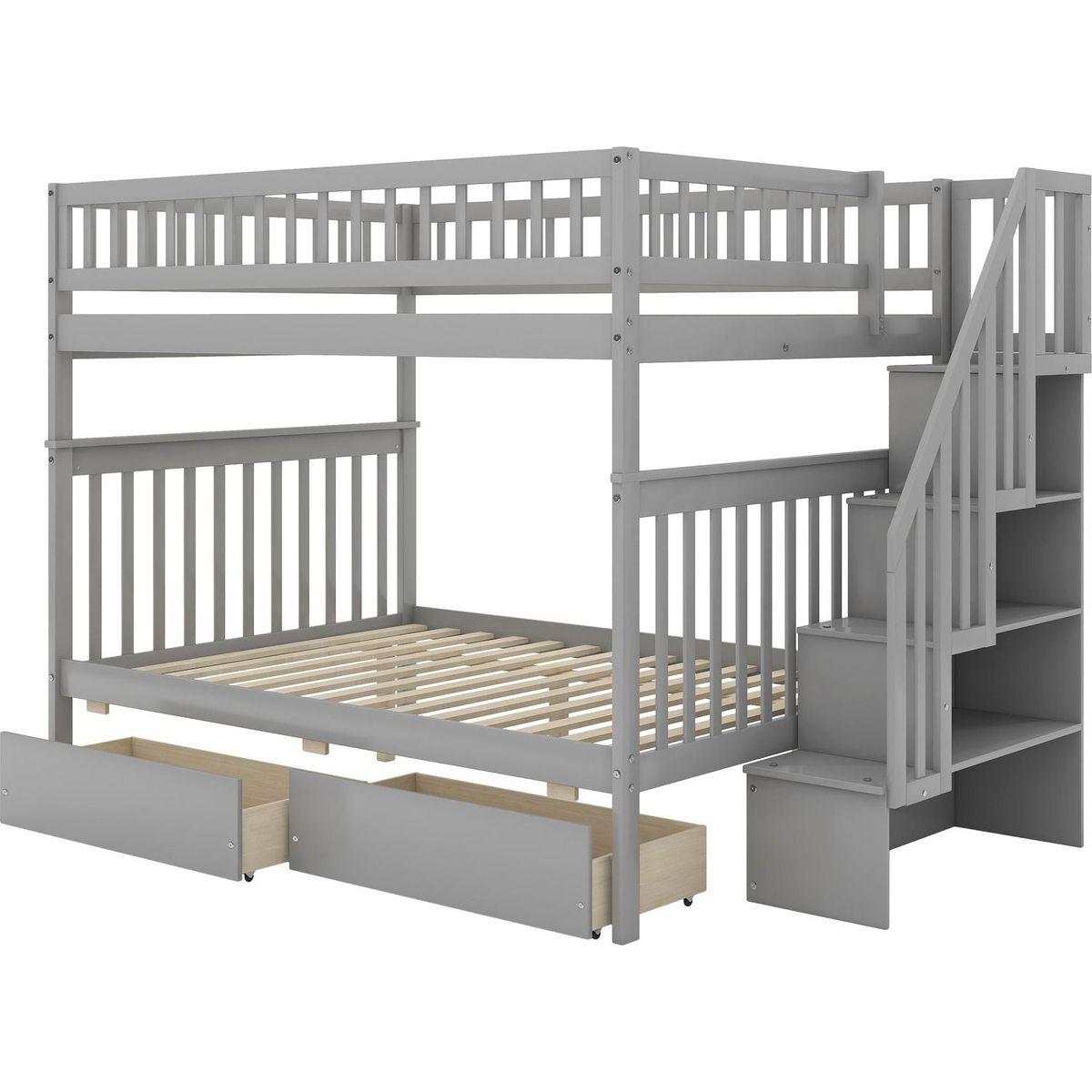 Full over Full Bunk Bed with Two Drawers and Storage, Gray