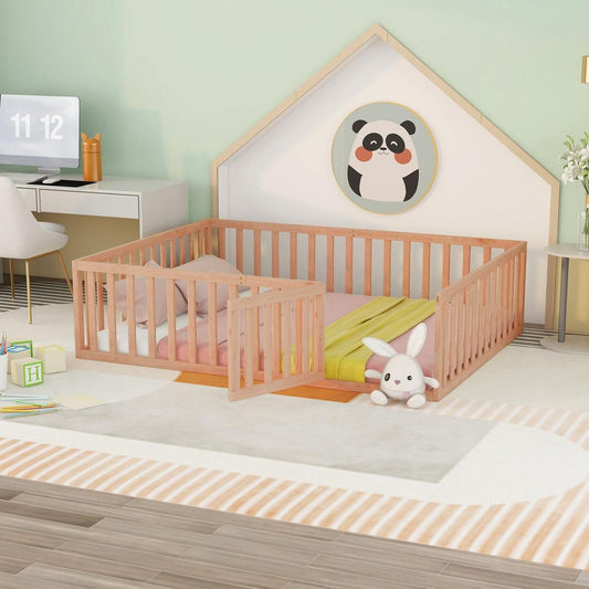 Queen Size Wood Floor Bed Frame with Fence and Door, Natural - Streamdale Furniture