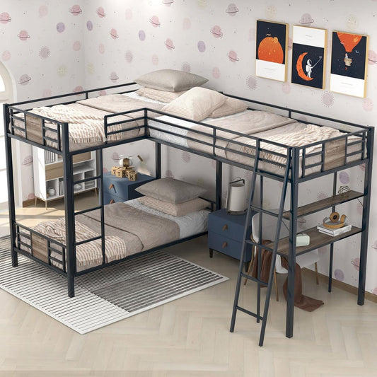 L-Shaped Twin over Twin Bunk Bed with Twin Size Loft Bed with Desk and Shelf, Brown