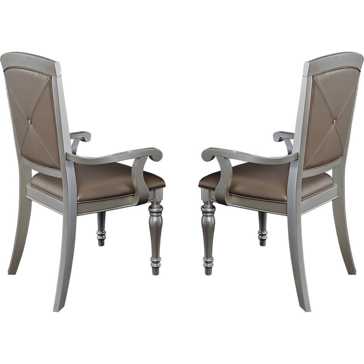 Glamorous Crystal Button-Tufted Set of 2 Arm Chairs Silver Finish Upholstered Seat Back Modern Dining Furniture