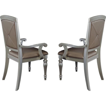 Glamorous Crystal Button-Tufted Set of 2 Arm Chairs Silver Finish Upholstered Seat Back Modern Dining Furniture