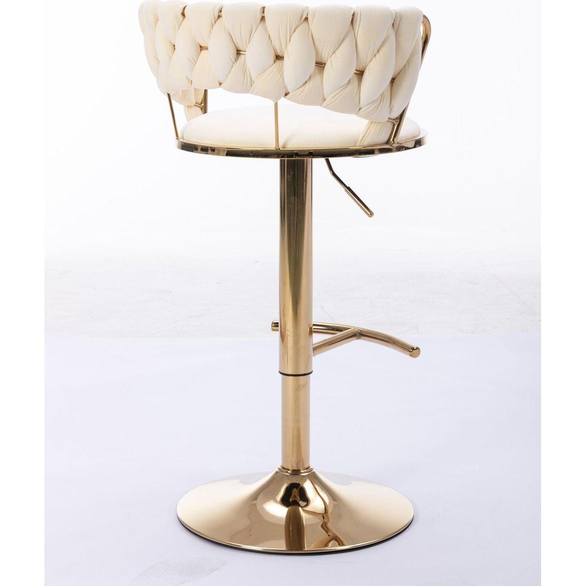 Set of 2 Bar Stools, with Chrome Footrest and Base Swivel Height Adjustable Mechanical Lifting Velvet + Golden Leg Simple Bar Stool-Cream - Streamdale Furniture