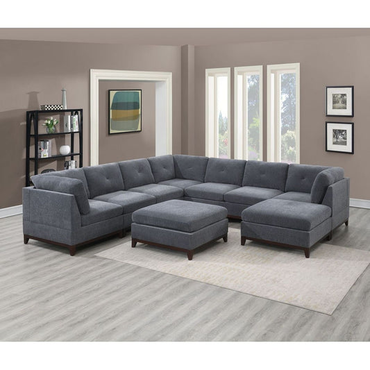 Ash Grey Chenille Fabric Modular Sectional 9pc Set Living Room Furniture Corner Sectional Couch 3x Corner Wedge 4x Armless Chairs and 2x Ottomans Tufted Back Exposed Wooden Base