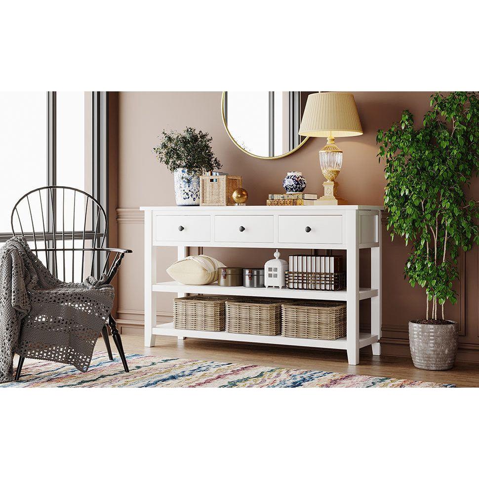 Retro Design Console Table with Two Open Shelves, Pine Solid Wood Frame and Legs for Living Room (Antique White)