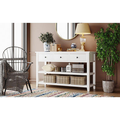 Retro Design Console Table with Two Open Shelves, Pine Solid Wood Frame and Legs for Living Room (Antique White)