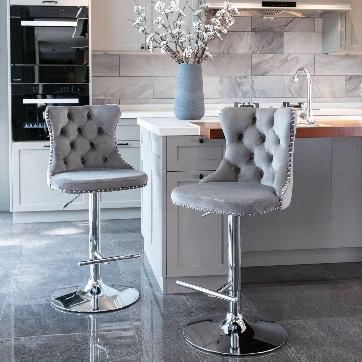 Swivel Velvet Barstools Adjusatble Seat Height from 25-33 Inch, Modern Upholstered Chrome base Bar Stools with Backs Comfortable Tufted for Home Pub and Kitchen IslandGray, Set of 2)