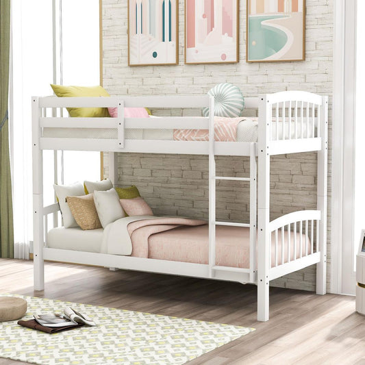Twin Over Twin Bunk Bed with Ladder, White - Streamdale Furniture
