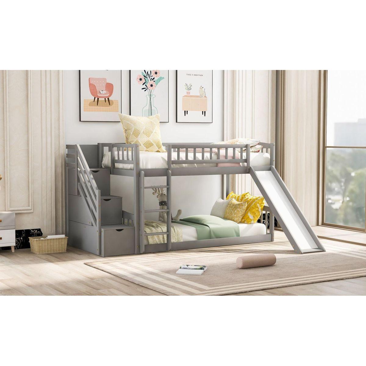 Stairway Twin over Twin Bunk Bed with Two Drawers and Slide, Gray