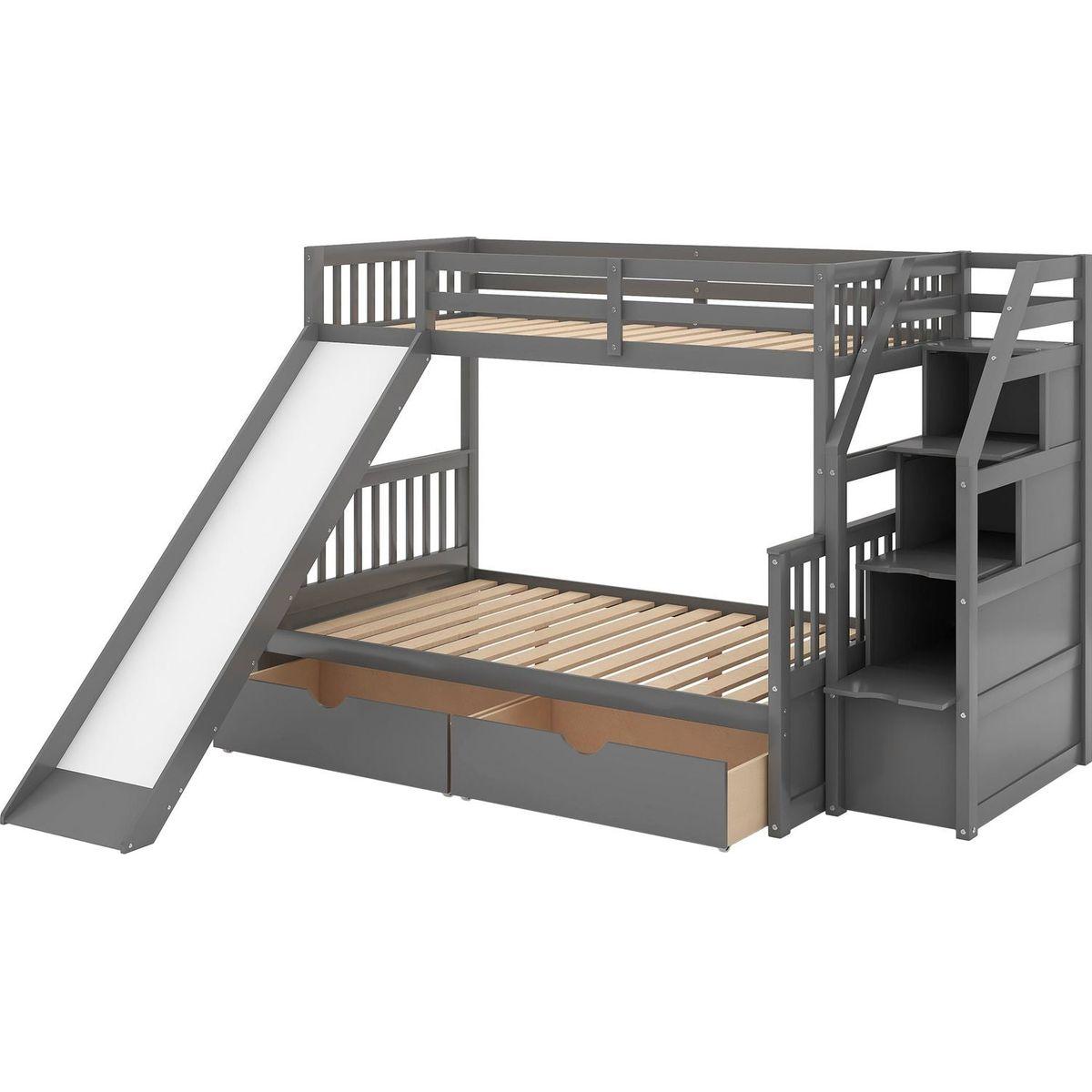 Twin over Full Bunk Bed with Drawers, Storage and Slide, Multifunction, Gray