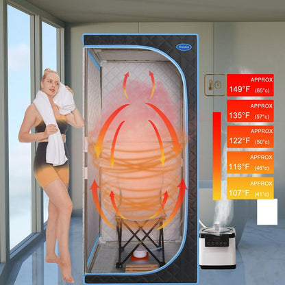 Portable Plus Type Full Size Steam Sauna tent. Spa, Detox, Therapy and Relaxation at home.Larger Space, Stainless Steel Pipes Connector Easy to Install, with FCC Certification--Black (Blue binding)