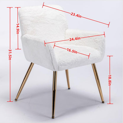 Artificial Rabbit Hair Dining Chair, Furry Desk Chair, Modern Faux Fur Chair for Teen Girls, Comfy Armchair with Golden Metal Legs for Living Room, Vanity Makeup Chair, Set of 2, White Rabbit Hair