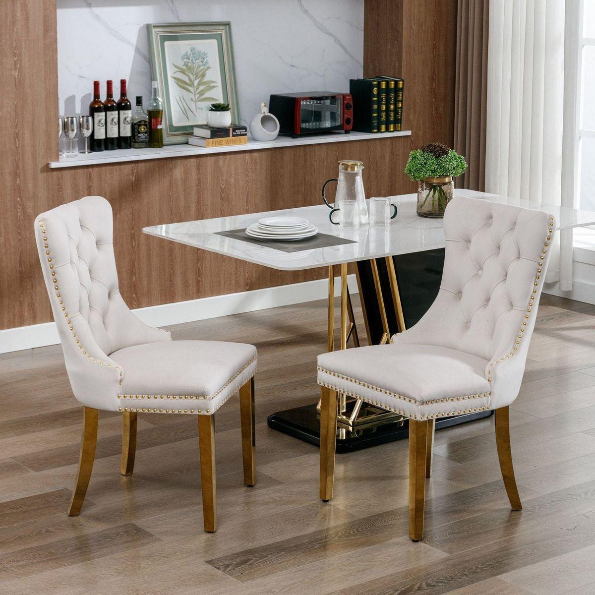 Nikki Collection Modern, High-end Tufted Solid Wood Contemporary Velvet Upholstered Dining Chair with Golden Stainless Steel Plating Legs,Nailhead Trim,Set of 2,Beige and Gold