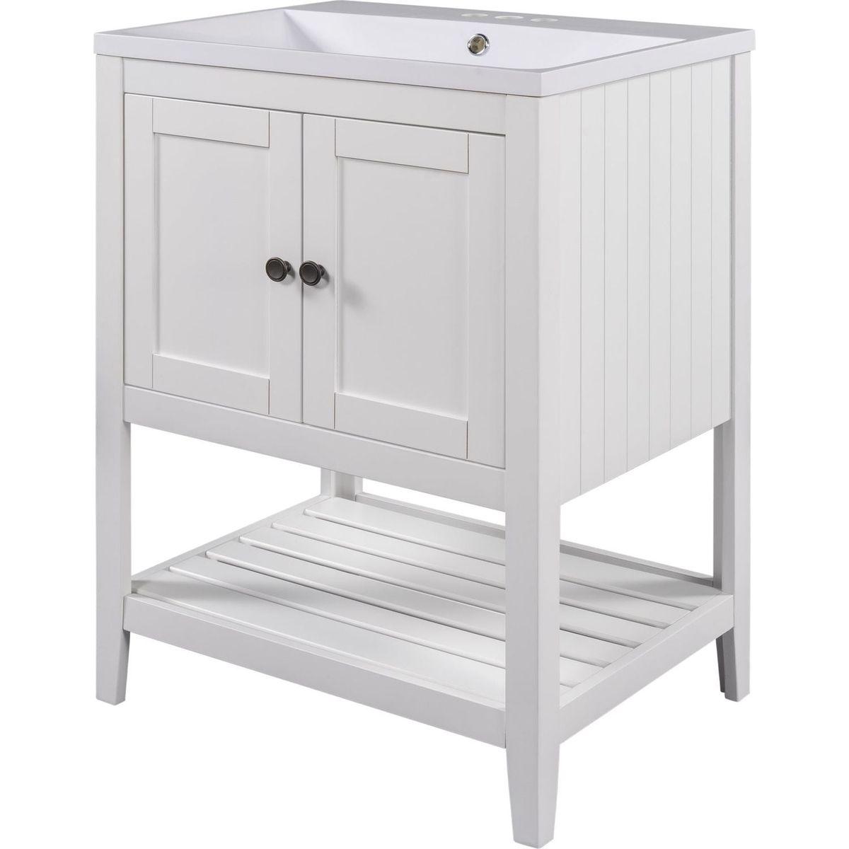 24" White Modern Sleek Bathroom Vanity Elegant Ceramic Sink with Solid Wood Frame Open Style Shelf