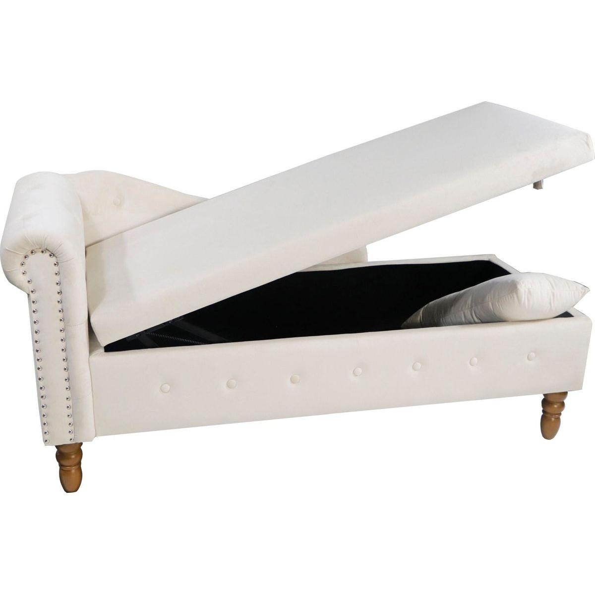 Beige Chaise Lounge Indoor, Velvet Lounge Chair for Bedroom with Storage & Pillow, Modern Upholstered Rolled Arm Chase Lounge for Sleeping with Nailhead Trim for Living Room Bedroom Office