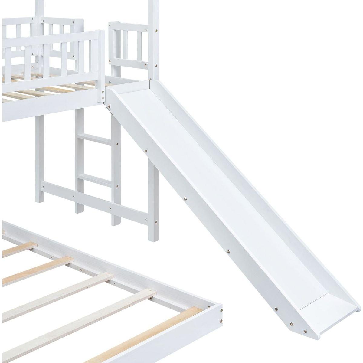 Twin over Full House Bunk Bed with Slide and Built-in Ladder, Full-Length Guardrail, White
