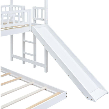 Twin over Full House Bunk Bed with Slide and Built-in Ladder, Full-Length Guardrail, White