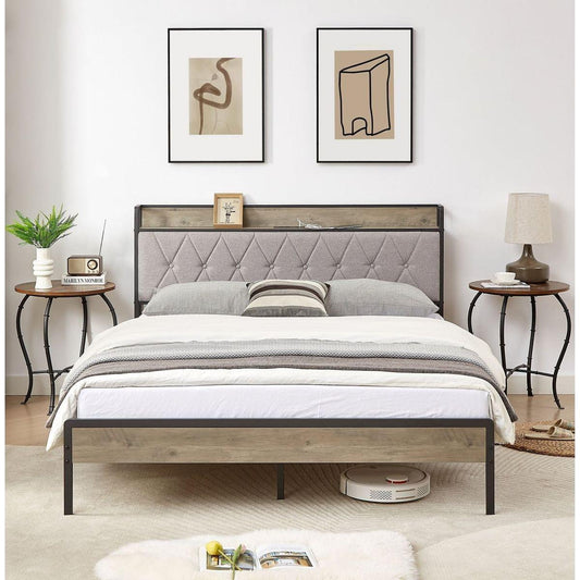 Bed frame with charging station Queen size,Grey, 87.8" L x 61.8" W x 39.2" H.