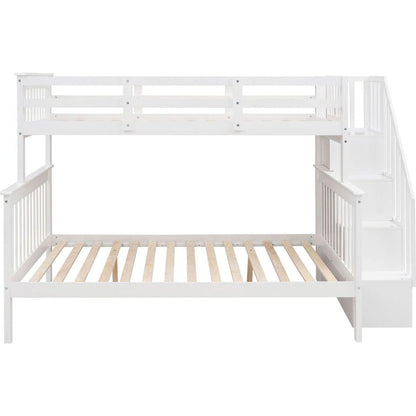 Stairway Twin-Over-Full Bunk Bed with Storage and Guard Rail for Bedroom, White color