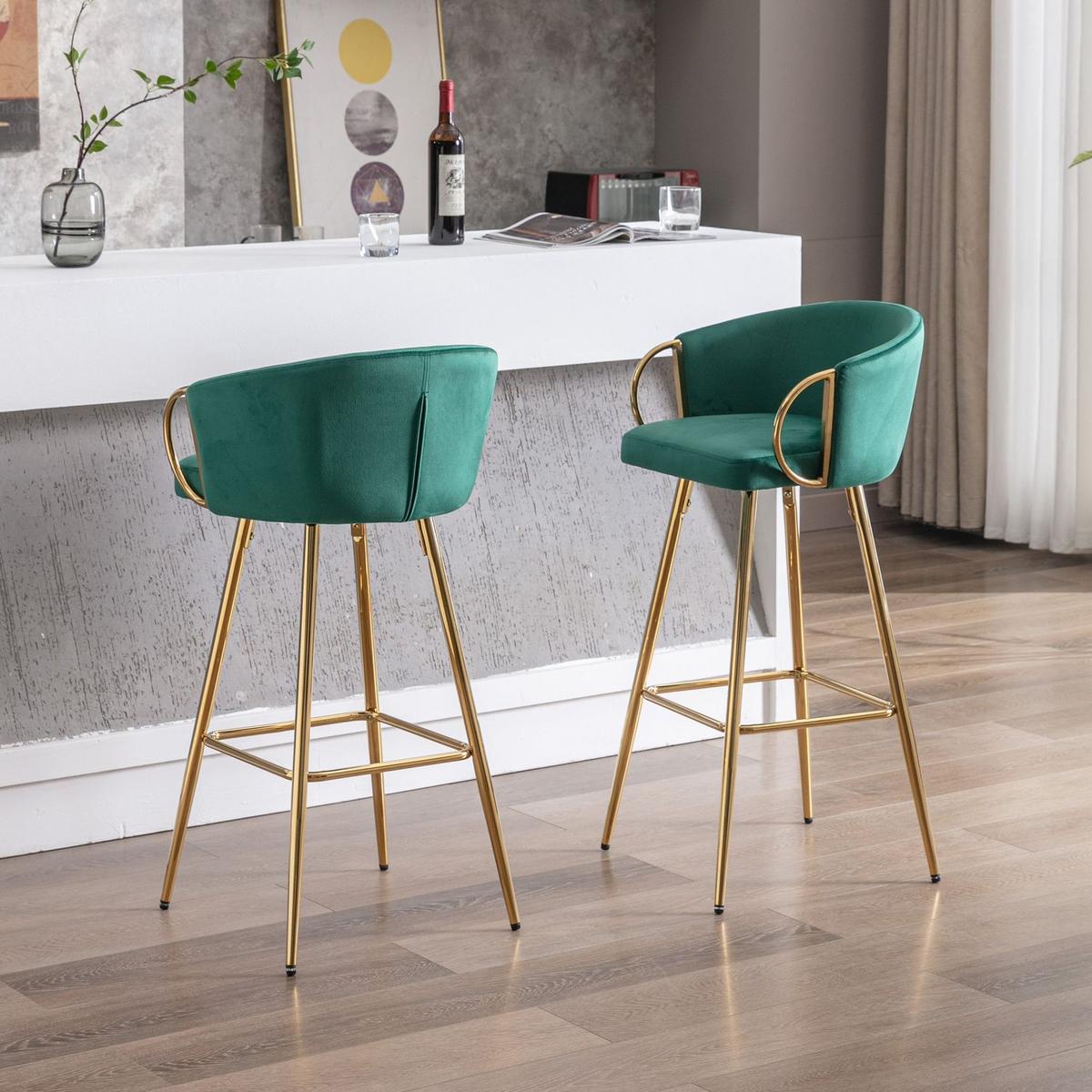 26 Inch Set of 2 Bar Stools, with Chrome Footrest and Base Velvet + Golden Leg Simple Bar Stool, GREEN