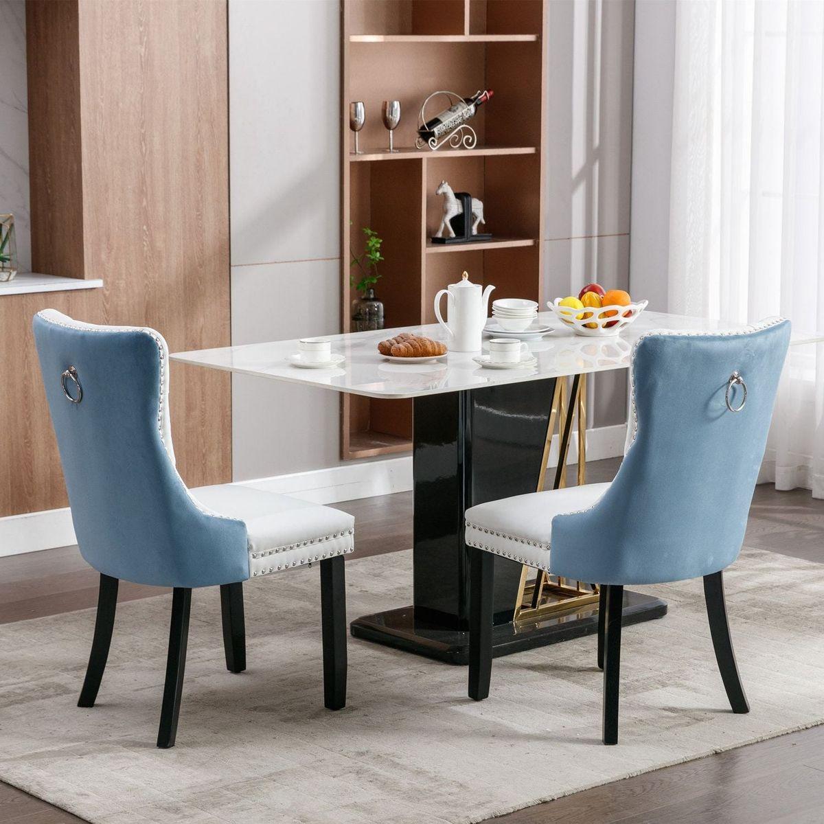 Nikki Collection Modern, High-end Tufted Solid Wood Contemporary PU and Velvet Upholstered Dining Chair with Wood Legs Nailhead Trim 2-Pcs Set, White+Light Blue