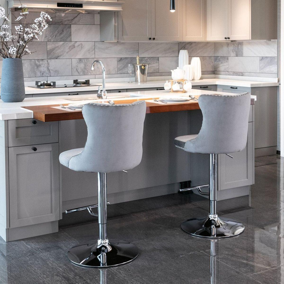 Swivel Velvet Barstools Adjusatble Seat Height from 25-33 Inch, Modern Upholstered Chrome base Bar Stools with Backs Comfortable Tufted for Home Pub and Kitchen IslandGray, Set of 2)