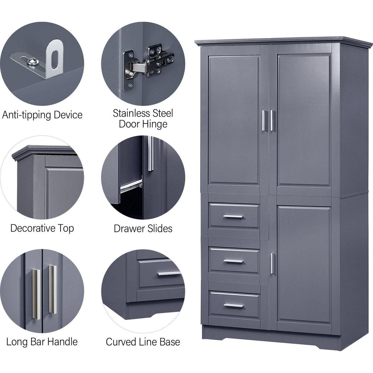 Tall and Wide Storage Cabinet with Doors for Bathroom/Office, Three Drawers, Grey