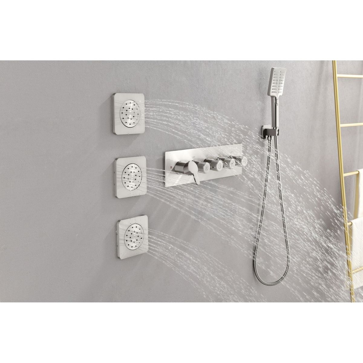 Wall Mounted Waterfall Rain Shower System With 3 Body Sprays & Handheld Shower