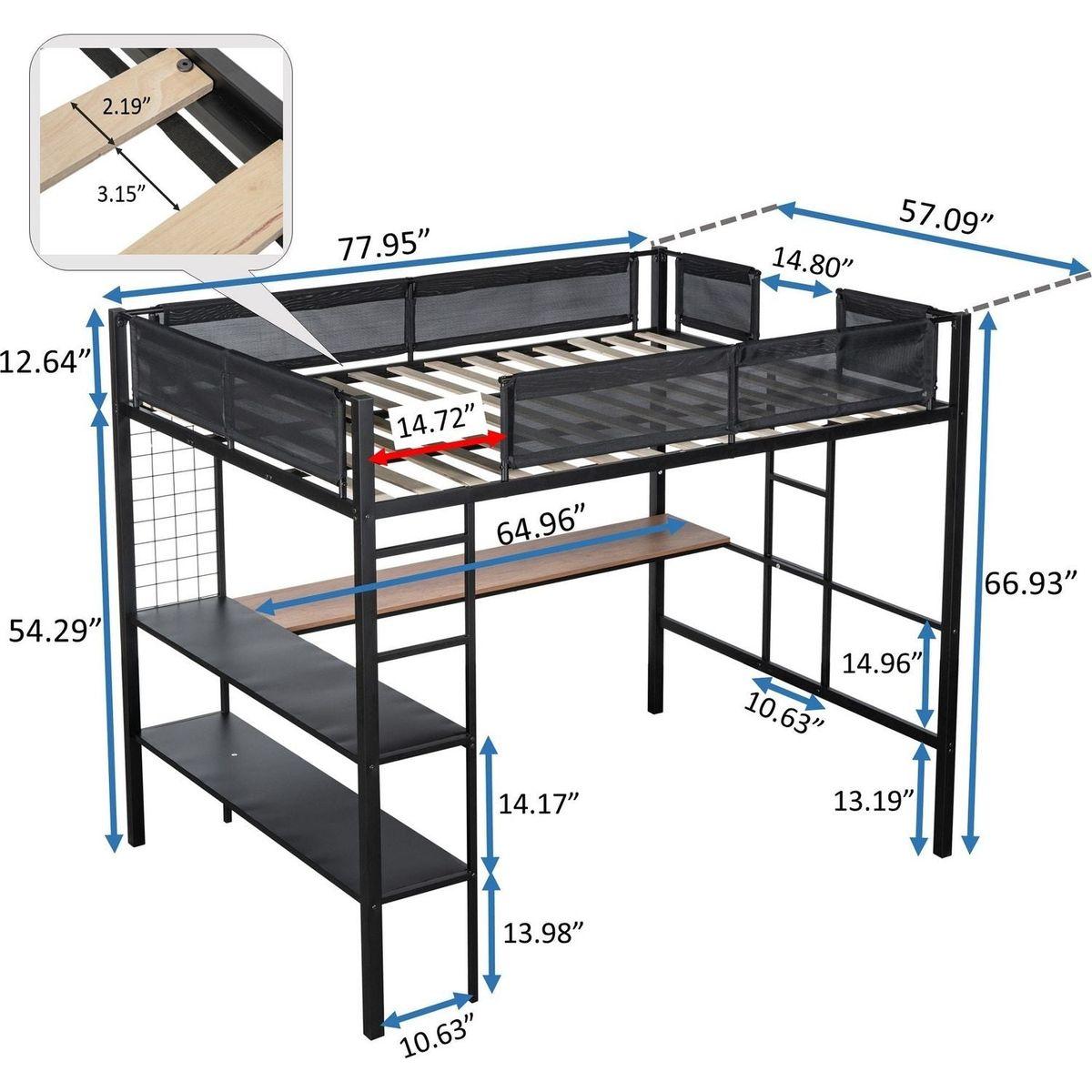 Metal Full Size Loft Bed with Desk & Shelves/ Sturdy Metal Bed Frame/ Noise-free Wood Slats/ Comfortable Textilene Guardrail/ Built-in Desk, 2-tier Shelves & Grid Panel/ 2 Side Ladders