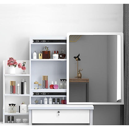 Fashion Vanity Desk with Mirror and Lights for Makeup and Chair, Vanity Mirror with Lights and Table Set with 3 Color Lighting Brightness Adjustable, 4 Drawers, White Color