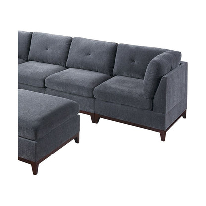 Ash Grey Chenille Fabric Modular Sectional 7pc Set Living Room Furniture U-Sectional Couch 2x Corner Wedge 3x Armless Chairs and 2x Ottomans Tufted Back Exposed Wooden Base