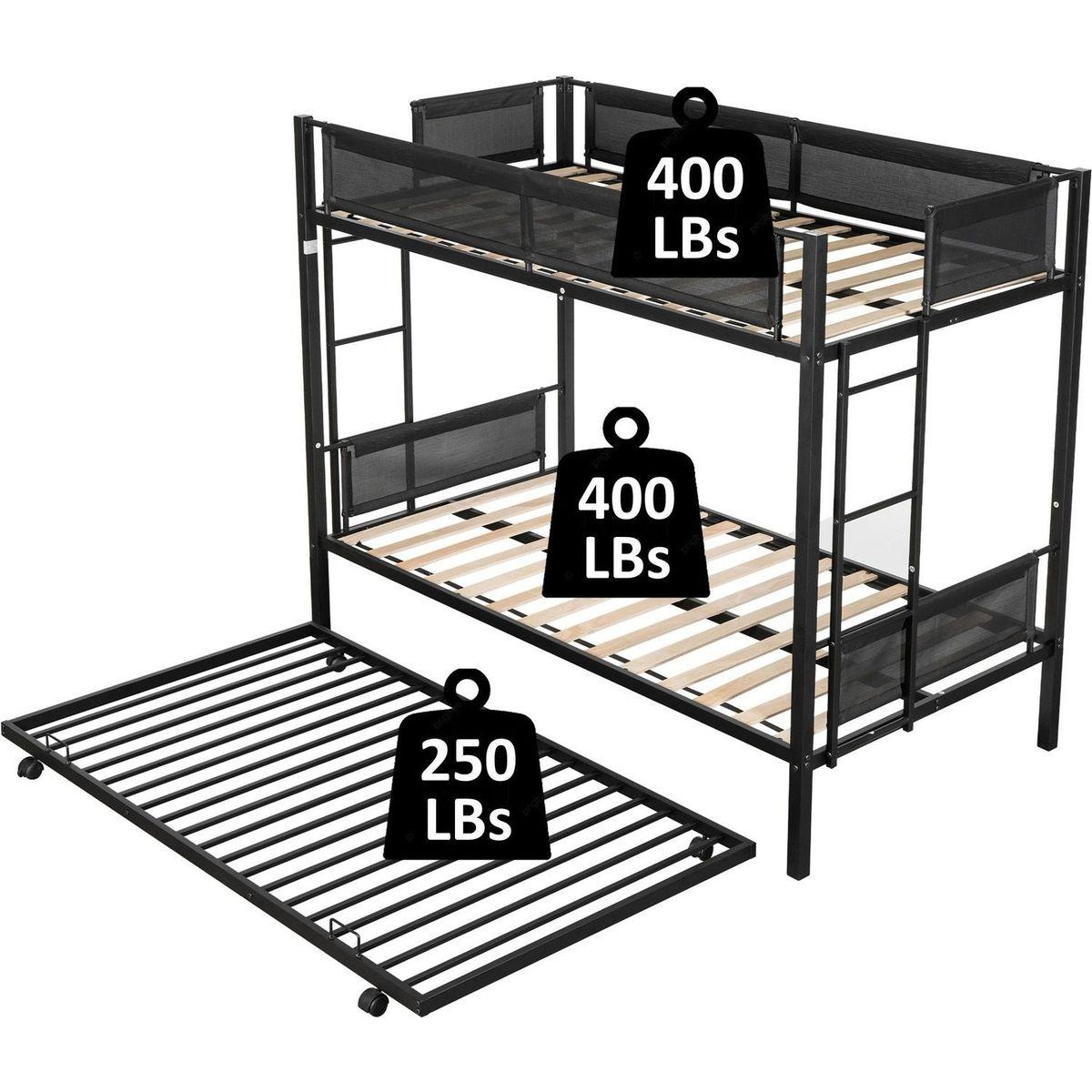 Twin over twin bunk bed with trundle (Wood Slat and Textilene Guardrail)