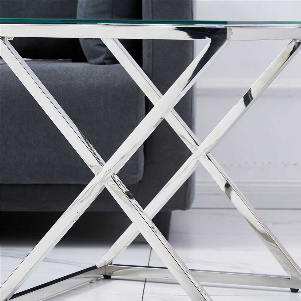 3 Pieces Silver Square Nesting Glass End Tables (X shape frame)- Small Coffee Table Set- Stainless Steel Small Coffee Tables with Clear Tempered Glass- 18" Modern Minimalist Side Table for Living Room