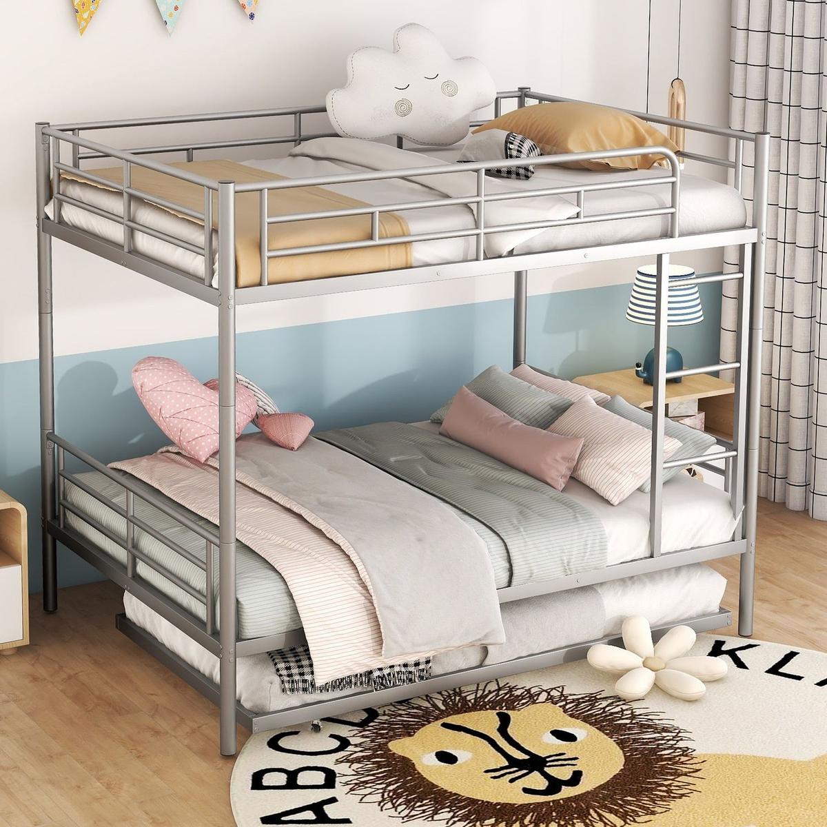 Full Over Full Metal Bunk Bed with Trundle, Silver