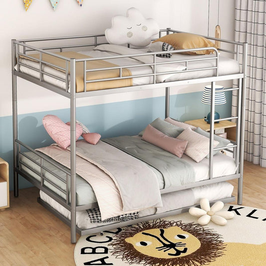Full Over Full Metal Bunk Bed with Trundle, Silver