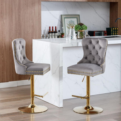 Thick Golden Swivel Velvet Barstools Adjusatble Seat Height from 25-33 Inch, Modern Upholstered Bar Stools with Backs Comfortable Tufted for Home Pub and Kitchen Island (Gray, Set of 2)