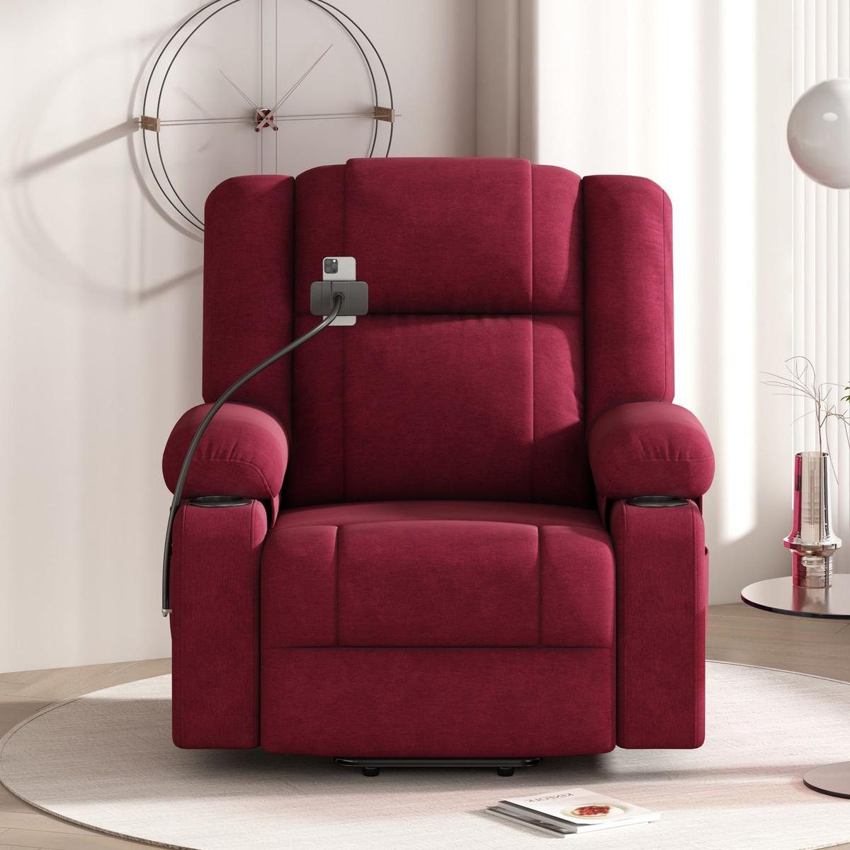 Power Lift Recliner Chair Electric Recliner for Elderly Recliner Chair with Massage and Heating Functions, Remote, Phone Holder Side Pockets and Cup Holders for Living Room, Red