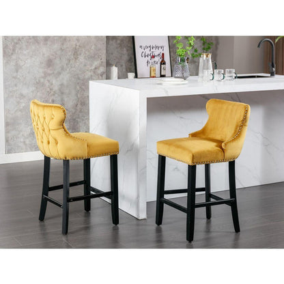 Contemporary Velvet Upholstered Wing-Back Barstools with Button Tufted Decoration and Wooden Legs, and Chrome Nailhead Trim, Leisure Style Bar Chairs, Bar stools, Set of 2 (Gold)