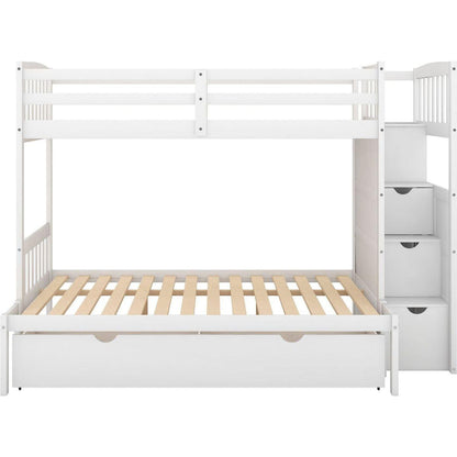 Twin over Full/Twin Bunk Bed, Convertible Bottom Bed, Storage Shelves and Drawers, White