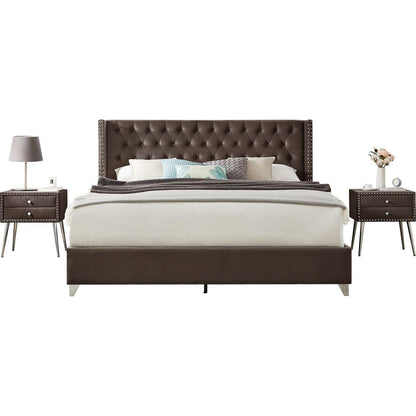 King bed with two nightstands, Button designed Headboard, strong wooden slats + metal legs with Electroplate