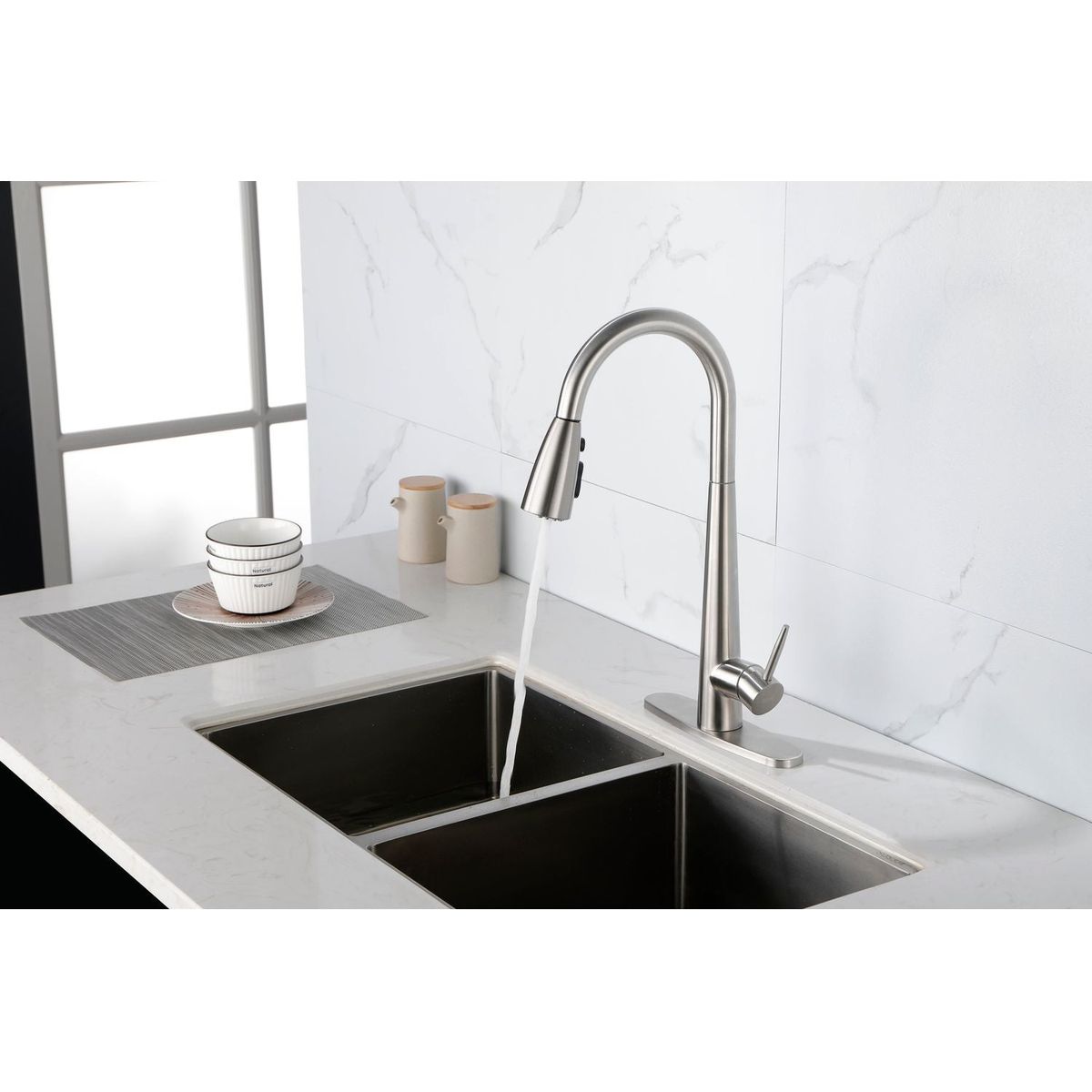 Kitchen Faucet with Pull Down Sprayer Brushed Nickel, High Arc Single Handle Kitchen Sink Faucet with Deck Plate, Commercial Modern Stainless Steel Kitchen Faucets