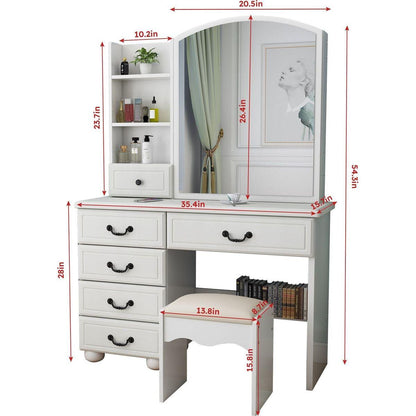 Fashion Vanity Desk with Mirror and Lights for Makeup, Vanity Mirror with Lights and Table Set with 3 Color Lighting Brightness Adjustable, 6 Drawers, White Color