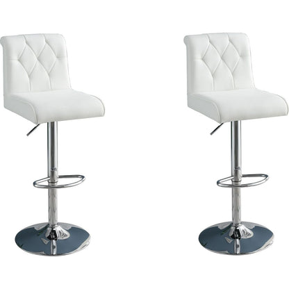 Adjustable Bar stool Gas lift Chair White Faux Leather Tufted Chrome Base Modern Set of 2 Chairs Dining Kitchen